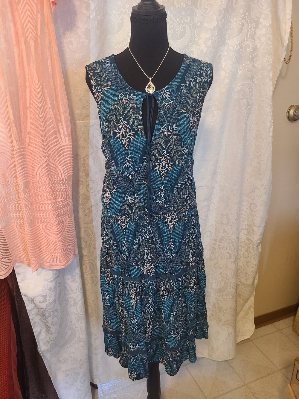 LC Lauren Conrad Teal and Black Leaf-Print Midi Dress